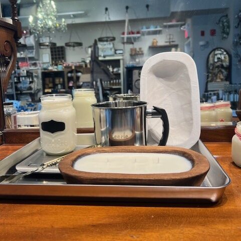Candle making workshop supplies on table top